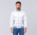 Custom white and black satin baseball varsity jacket, front view
