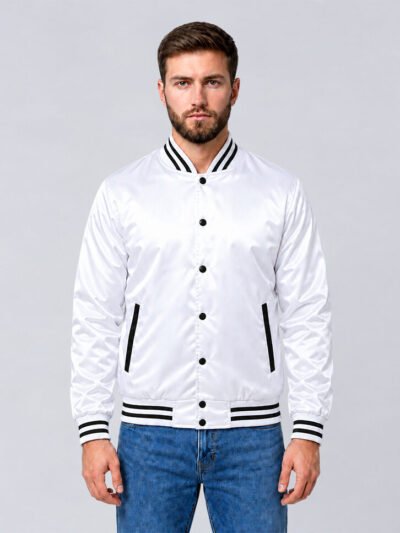 Custom white and black satin baseball varsity jacket, front view