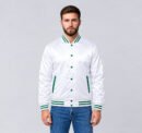 Custom white and green satin baseball varsity jacket, front view