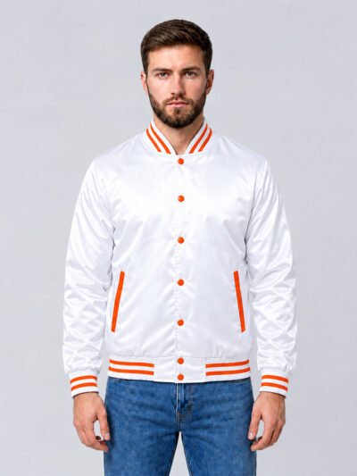 Custom white and orange satin baseball varsity jacket, front view