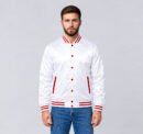 Custom white and red satin baseball varsity jacket, front view
