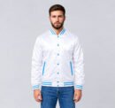 Custom white and sky blue satin baseball varsity jacket, front view