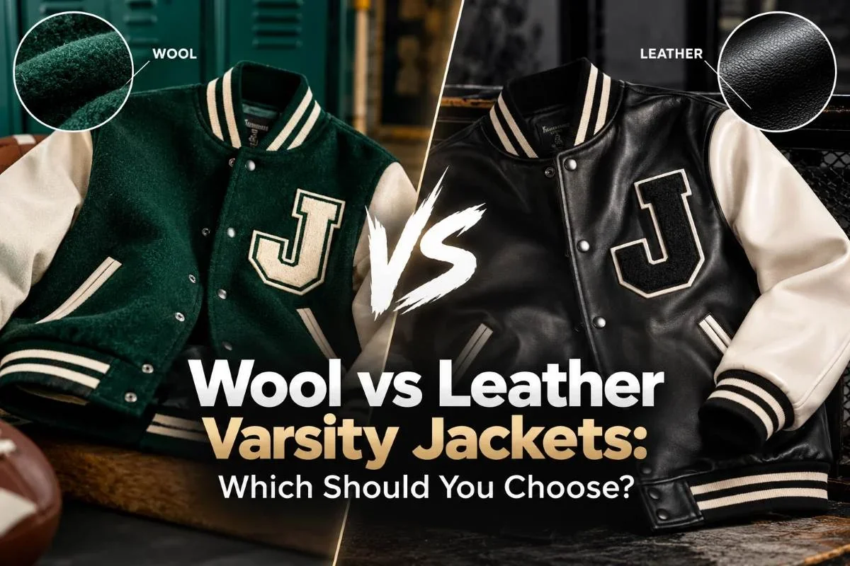 Wool vs leather varsity jacket comparison: green wool letterman jacket and black leather varsity jacket with cream sleeves