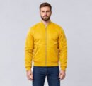 Custom yellow nylon bomber jacket with utility sleeve pocket, front view