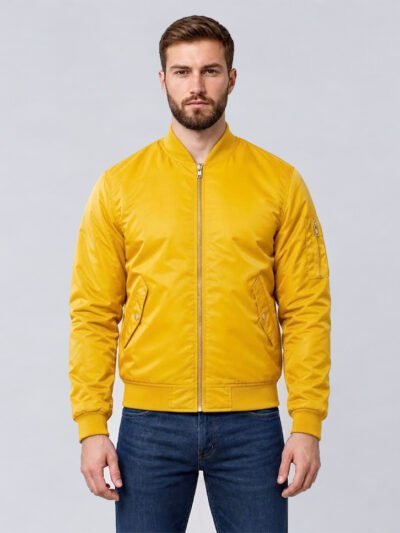 Custom yellow nylon bomber jacket with utility sleeve pocket, front view